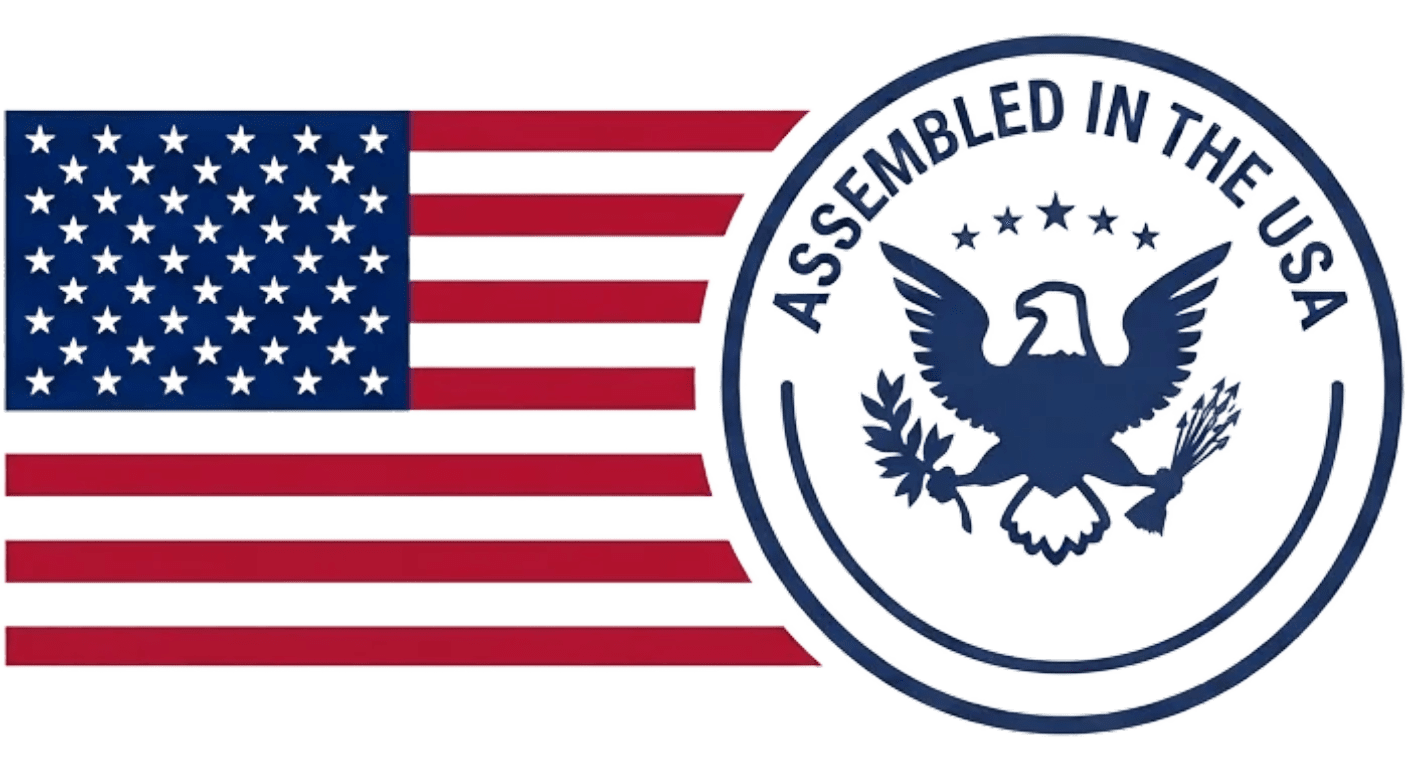 American flag with Assembled in the USA seal