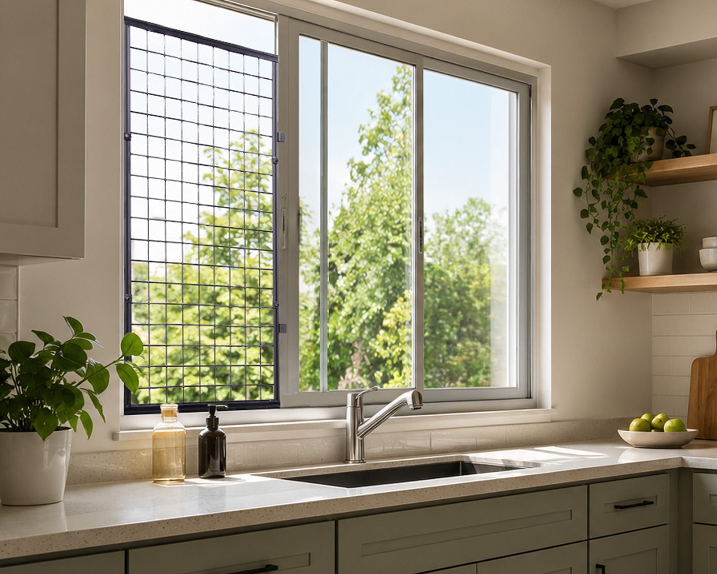 Sunlit kitchen sink with window view