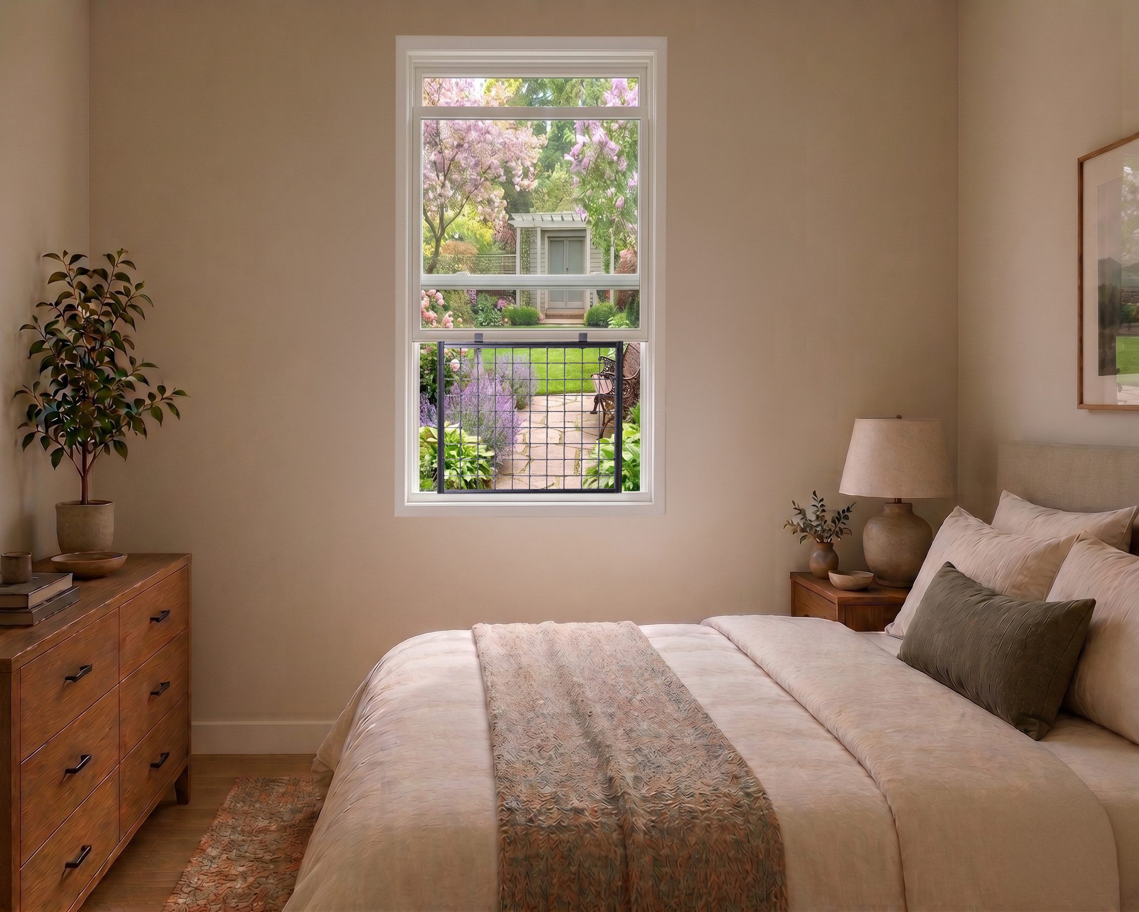 Cozy bedroom with window overlooking flowering garden
