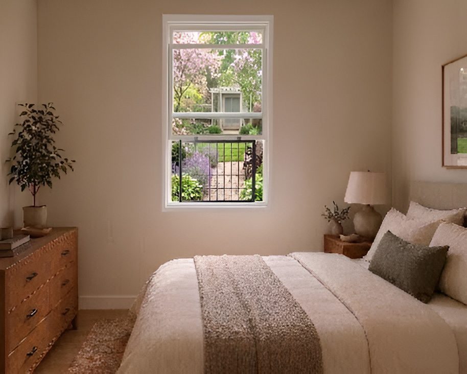 Cozy bedroom with window overlooking garden